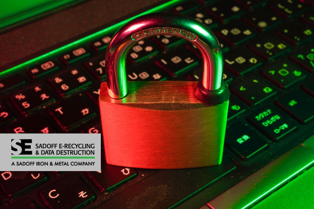 Laptop keyboard in green with lock on keys with Sadoff logo