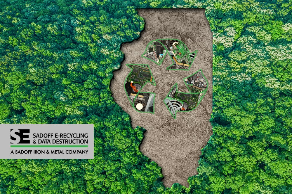 Outline of Illinois with electronics recycling logo in the middle and the Sadoff logo