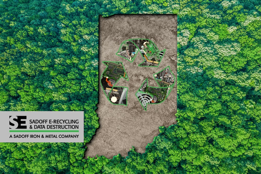 Map of Indiana outlined by trees with recycling logo and Sadoff logo