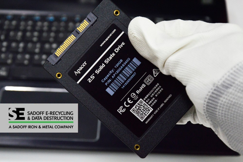 SSD hard drive in a gloved hand and Sadoff logo