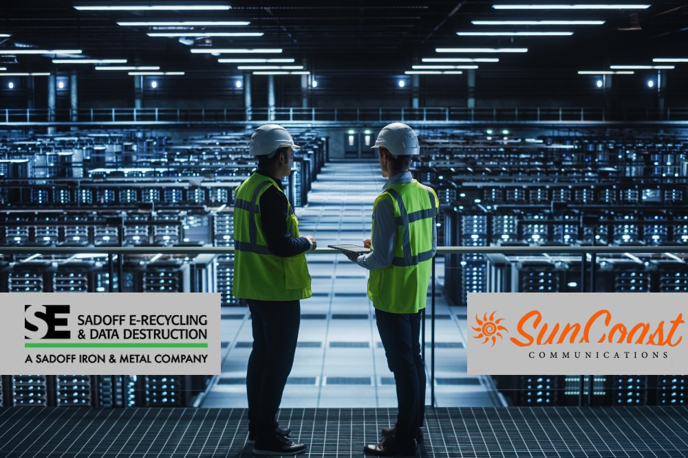 Data center with two workers and Sadoff logo