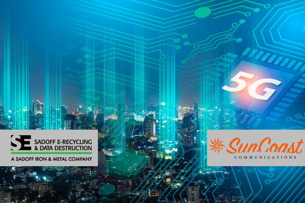 City with telecom logos streaking upward and 5G chip with Sadoff and SunCoast logos