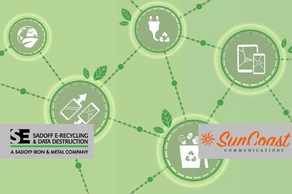 E-recycling symbols in a cluster with Sadoff and SunCoast logos