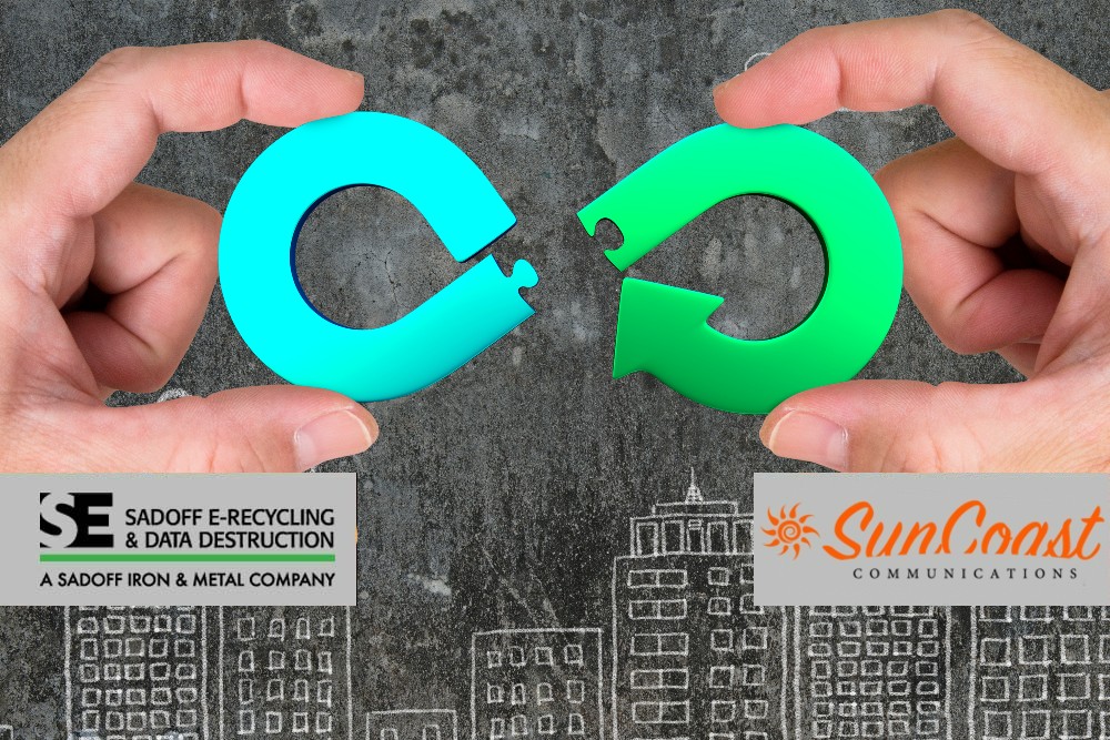Circular economy symbol as puzzle pieces and Sadoff +SunCoast logo