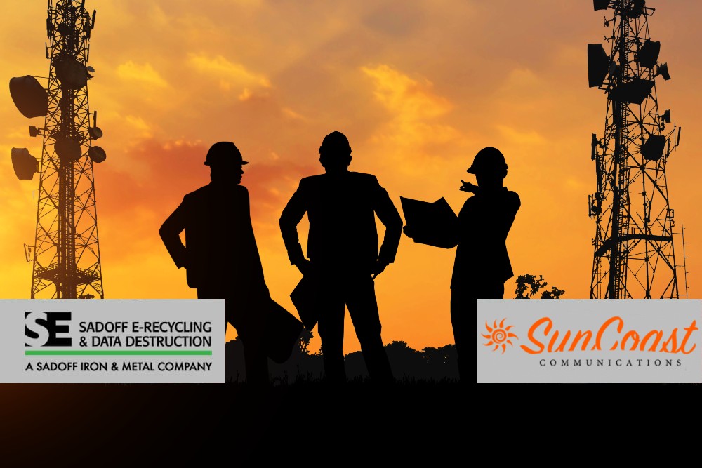 Silhouette of workers with telecom equipment and Sadoff +SunCoast logo