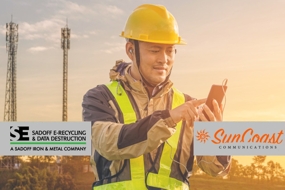 Telecom worker at sunrise and Sadoff +SunCoast logo