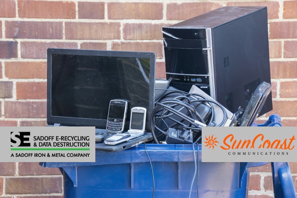 Electronics in a trash bin and Sadoff + SunCoast logo