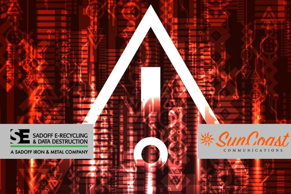 Red tech background with danger sign and Sadoff + SunCoast logo