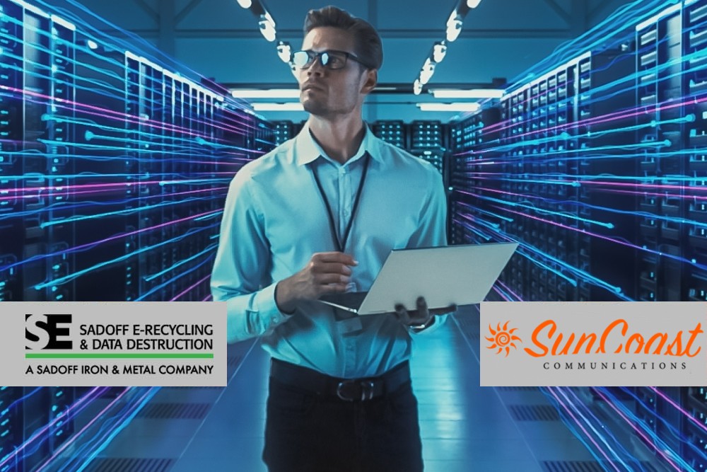 Man in a data center and Sadoff and SunCoast logo
