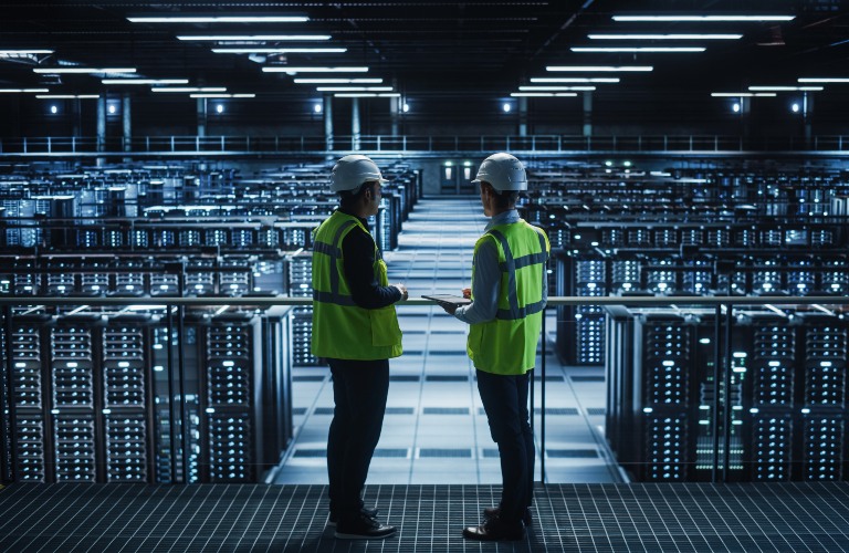 Two techs overlooking a data center