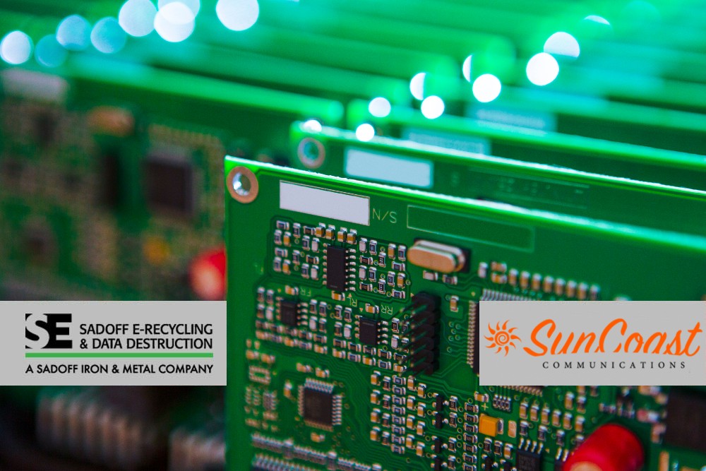 Circuit boards with lined up side view Sadoff and SunCoast logo
