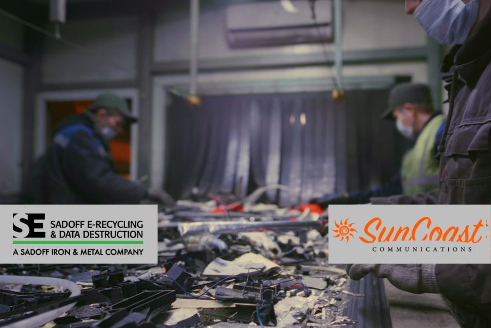 People sorting e-waste with Sadoff and SunCoast logos