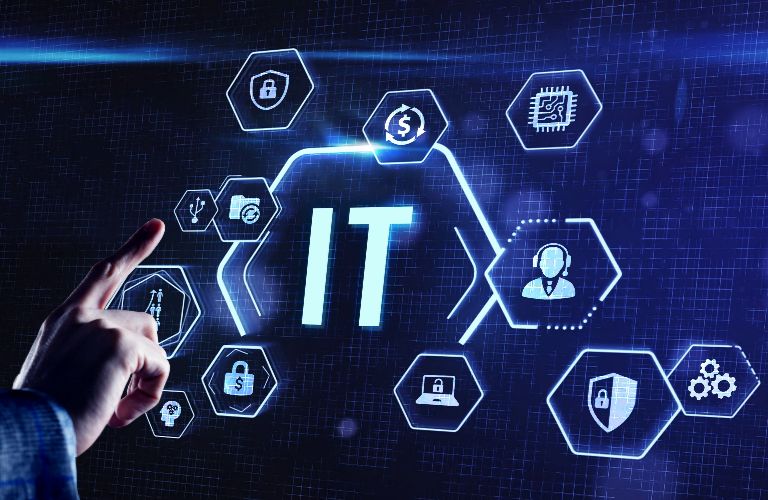 IT symbols with a hand pointing