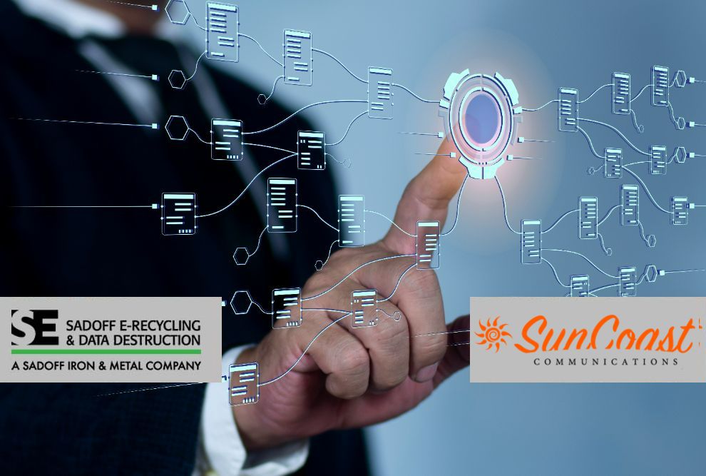 Man pushing a stylized button with sadoff and suncoast logos