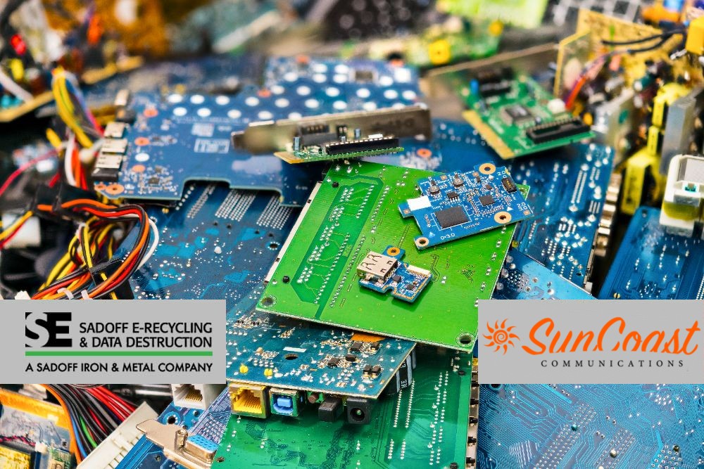 Loose circuit boards being recycled with Sadoff and SunCoast logos