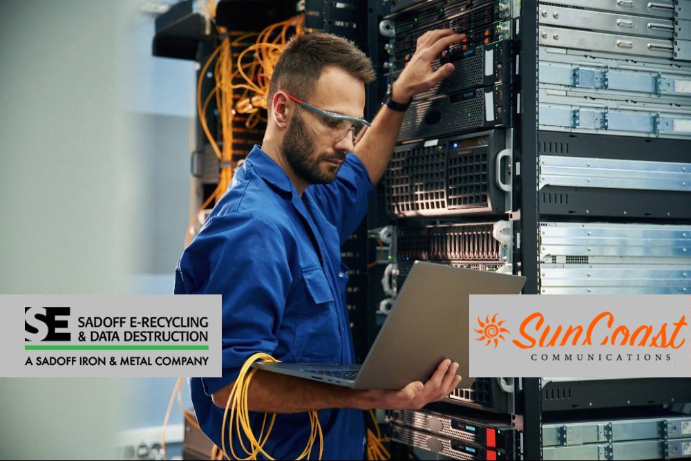 Man working in data center with Sadoff and SunCoast logos