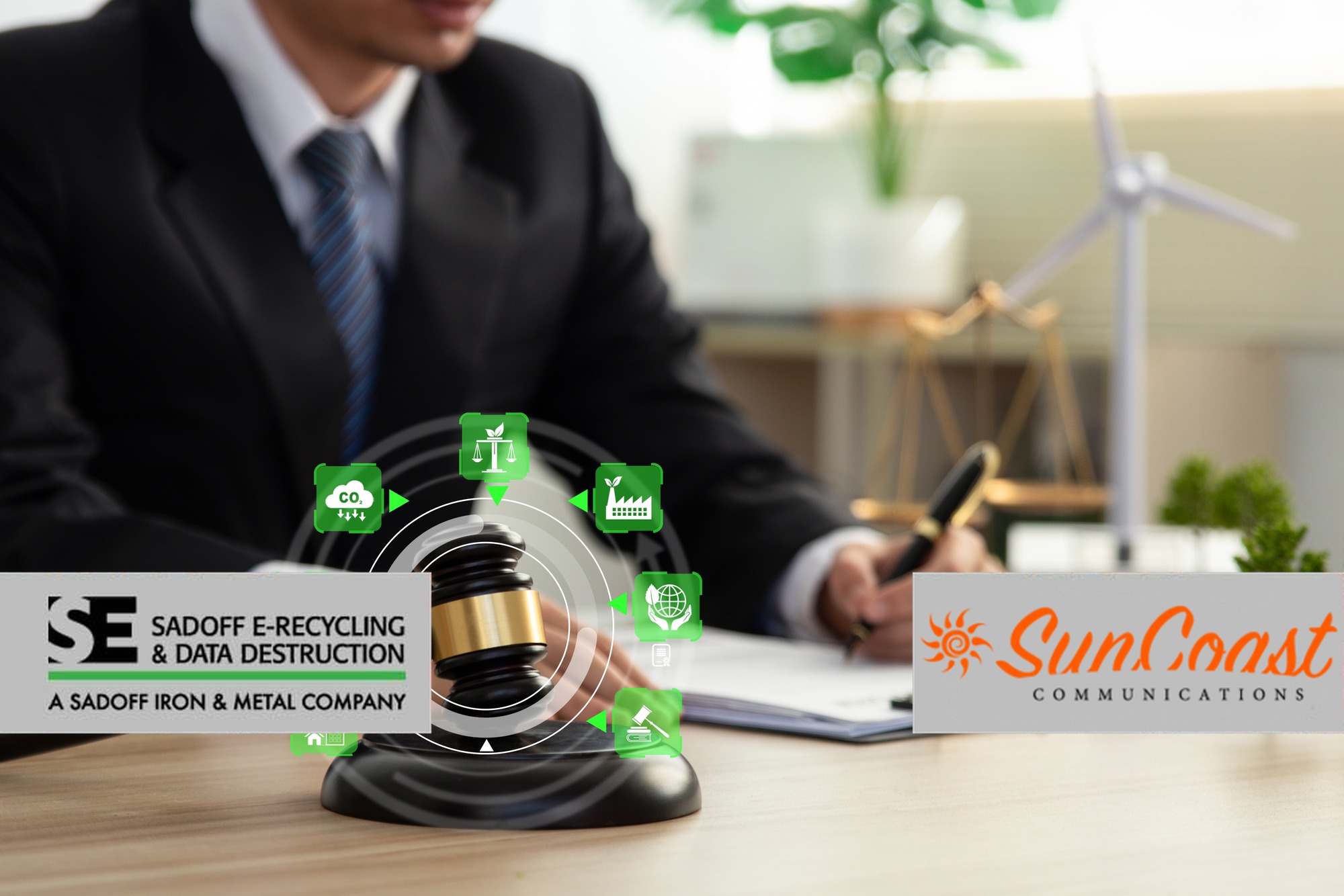 attorney gavel with ESG icons with Sadoff and SunCoast logos