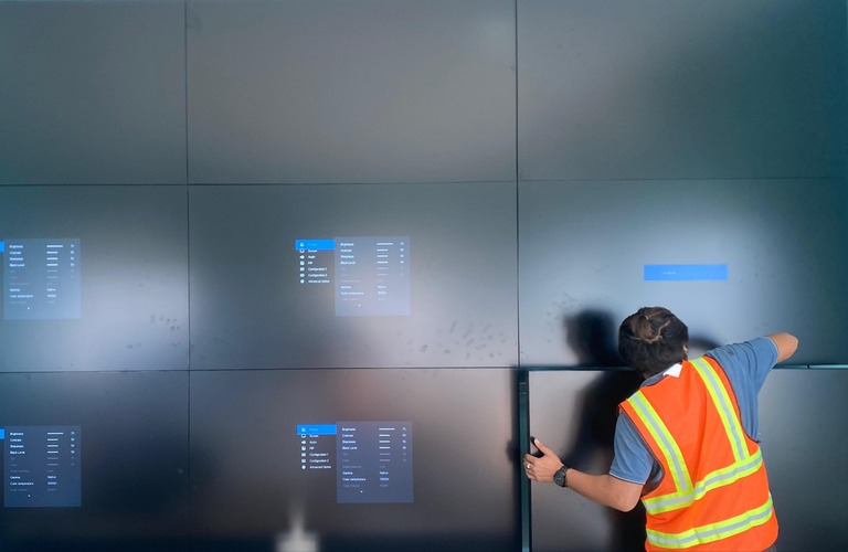 technician calibrating video wall